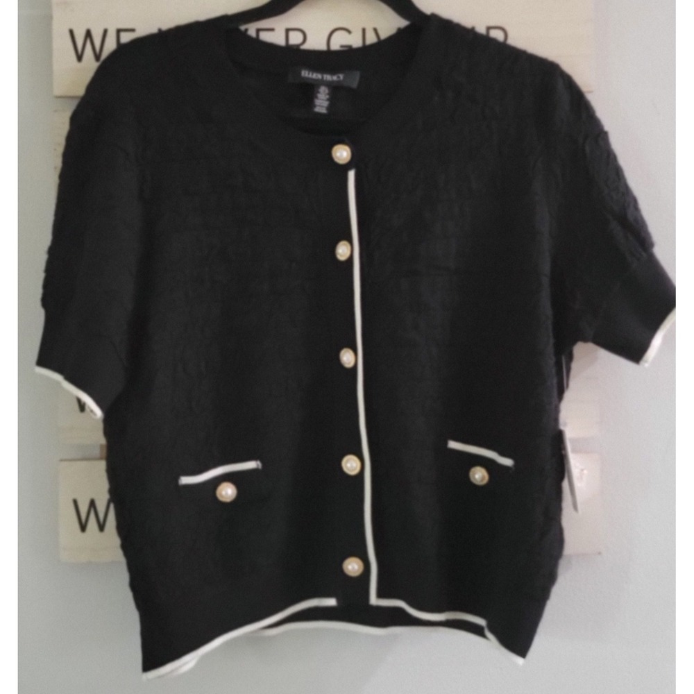 Ellen Tracy  KNITTED ROUND NECK BUTTON‎ SHORT SLEEVE TOP Size L Color Black